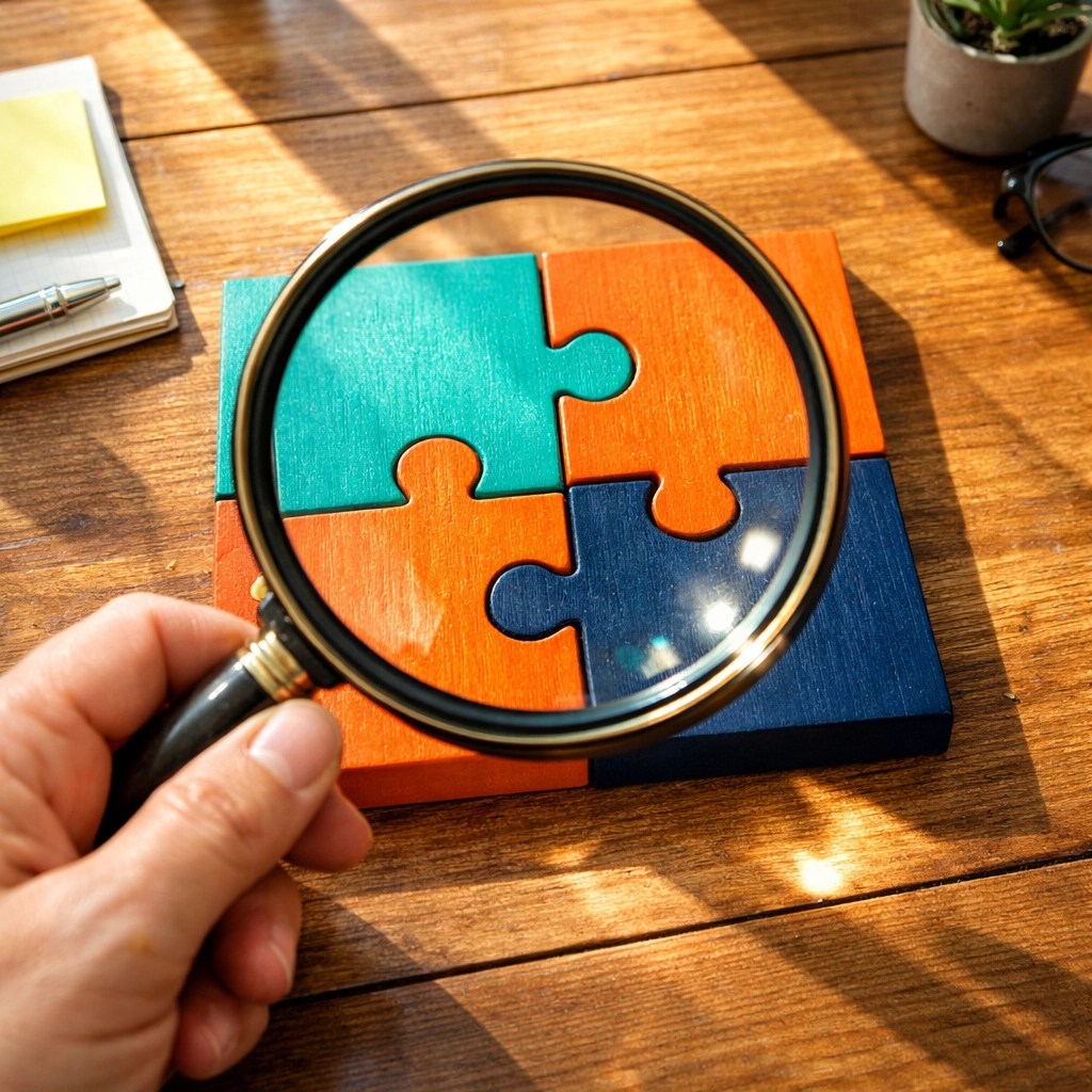 Magnifying glass examining puzzle pieces to clarify complex health insurance terms and medical costs.