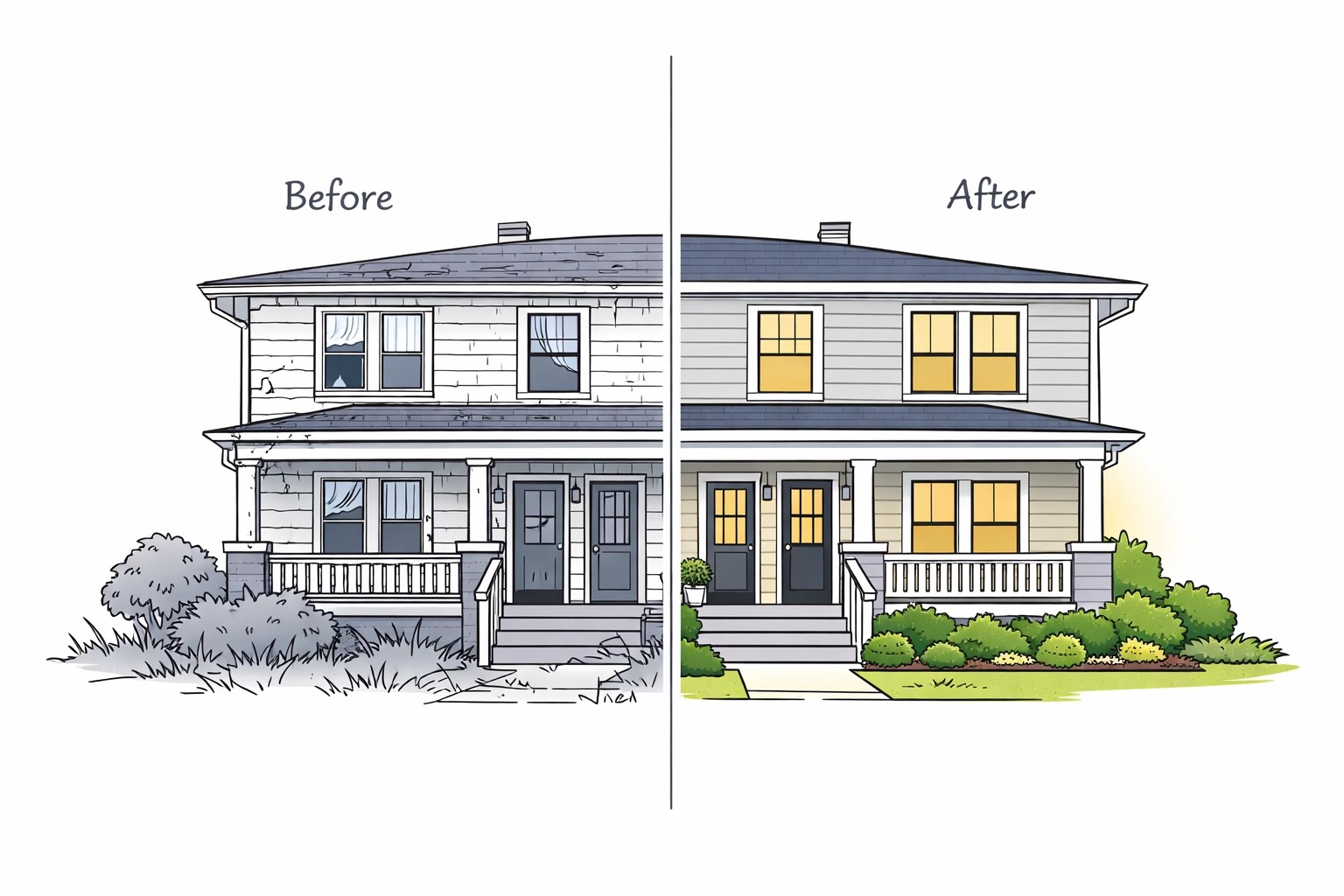 Before and after duplex renovation showing transformation from rundown to modern property