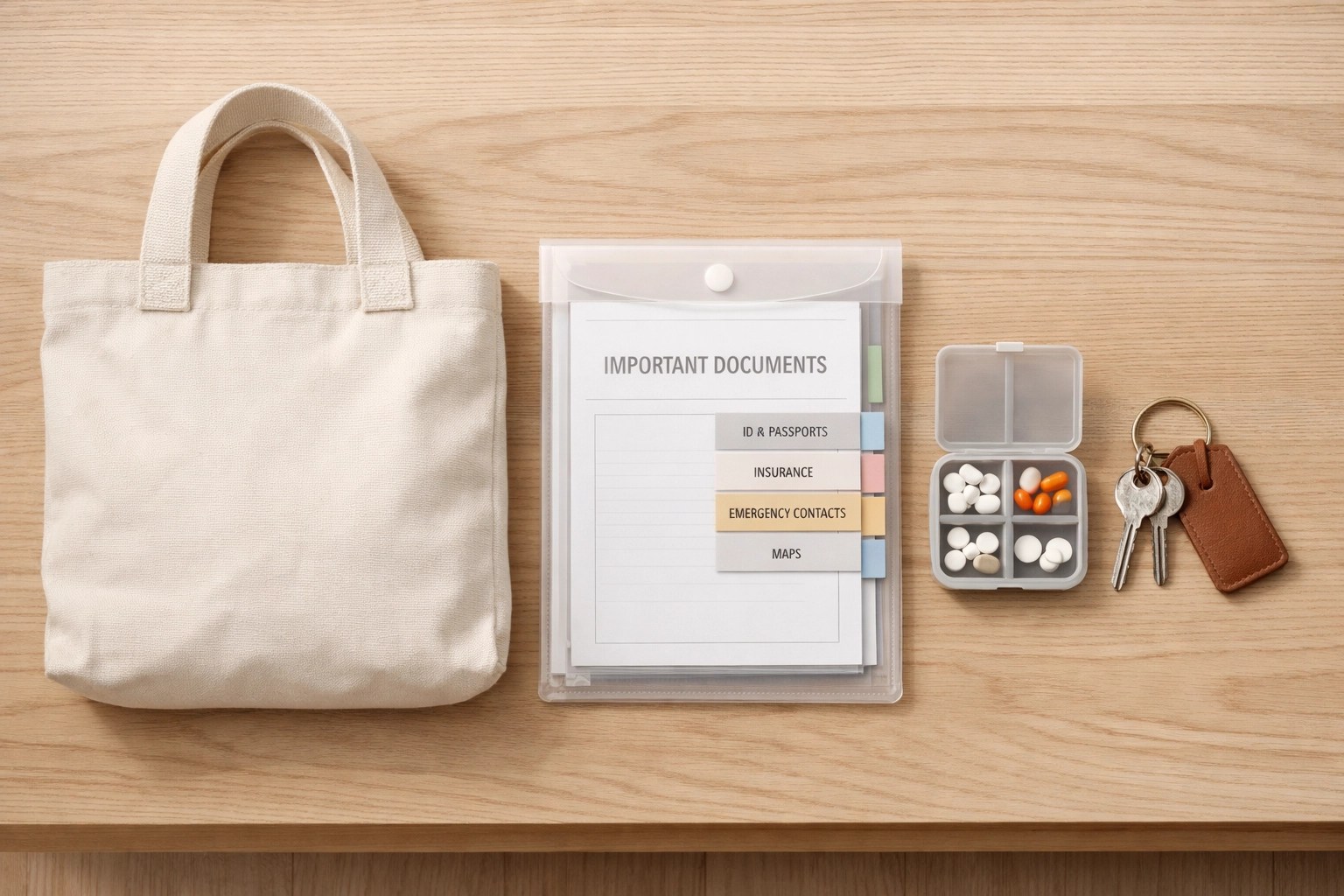 Neatly organized medical go-bag with insurance documents and a pill organizer ready for transportation.