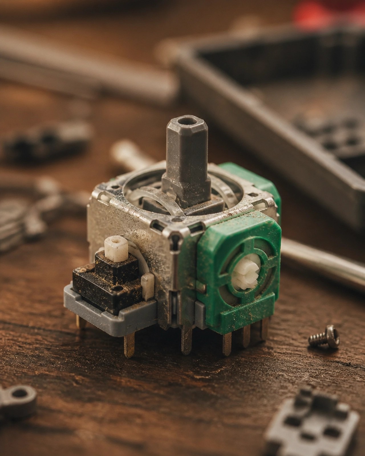 A close-up view of the internal potentiometer modules that cause stick drift in gaming controllers.