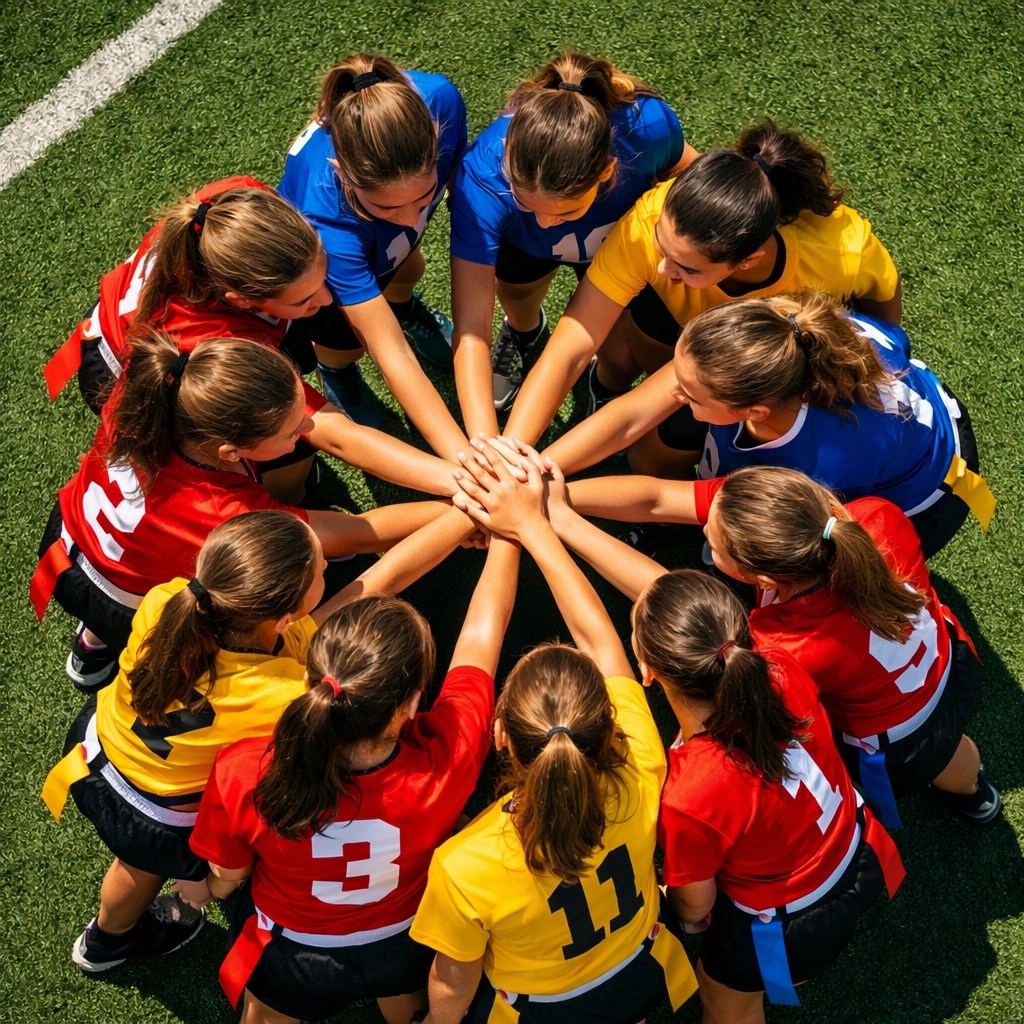 Girls flag football team huddle showing teamwork and unity in Atlanta