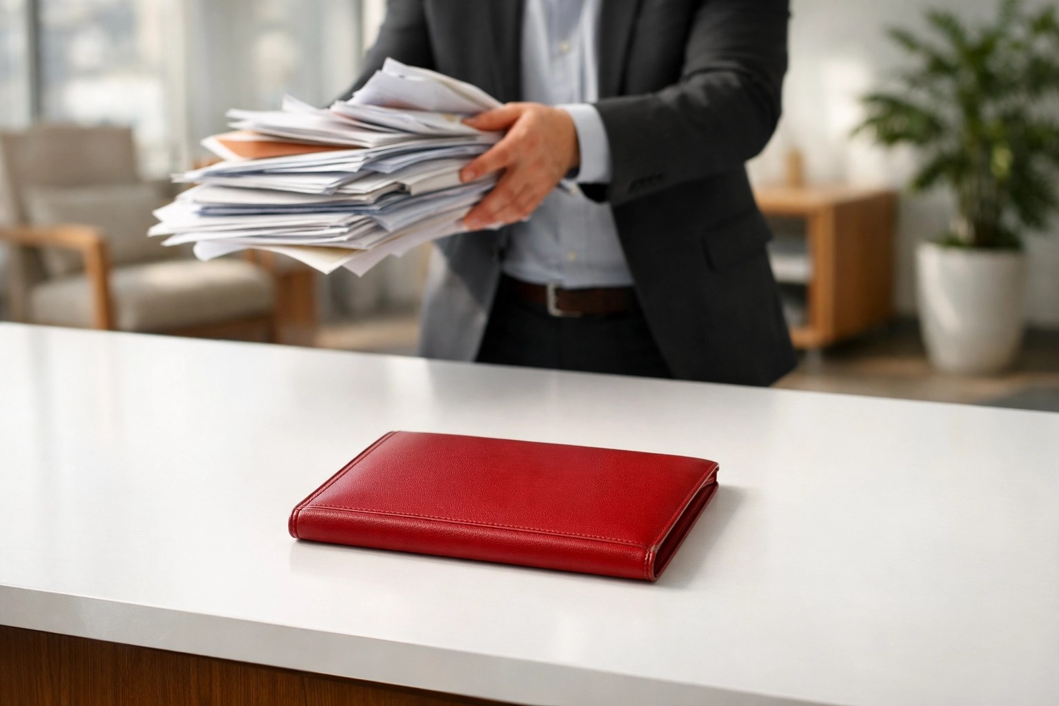 Manager clearing a desk of paperwork to reduce workplace fluff and improve daily team engagement.