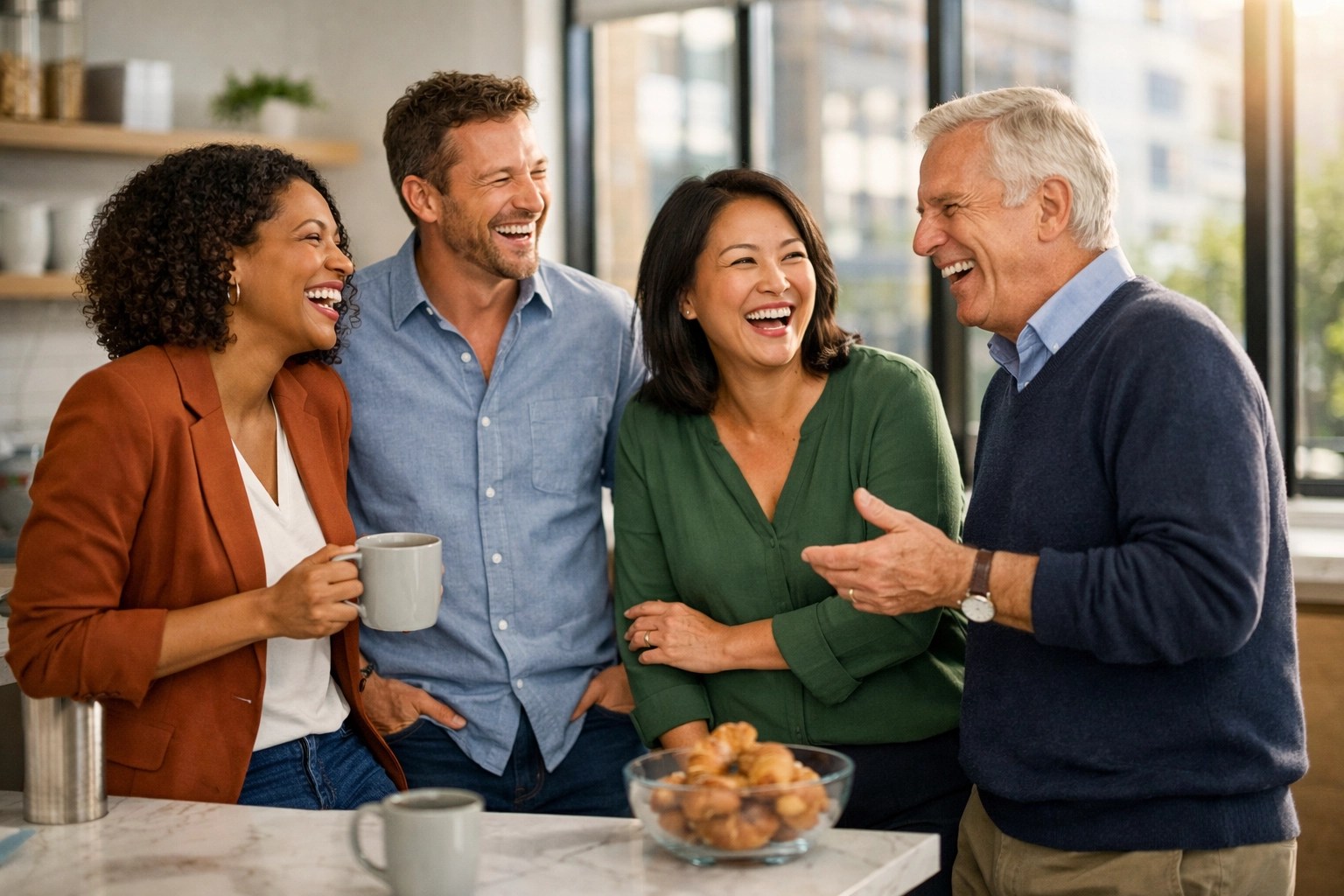 Diverse group of happy employees in a breakroom showing the impact of employee retention and benefits.
