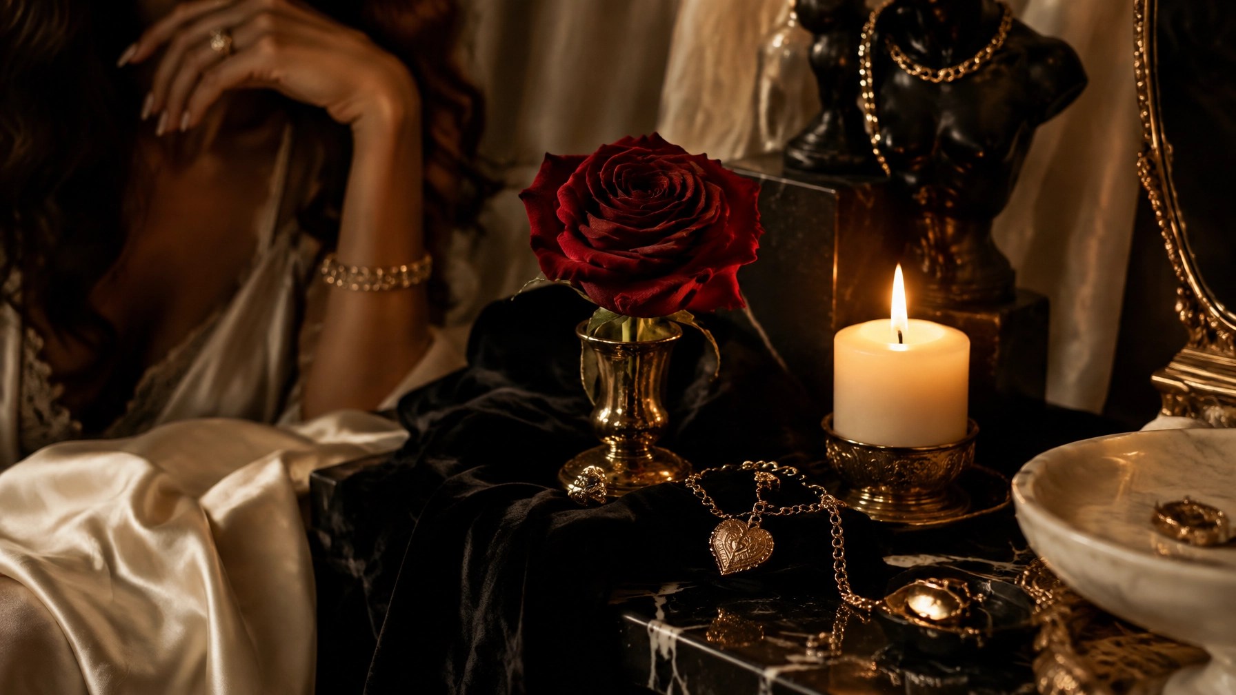 Black velvet and marble altar for feminine energy, manifesting love, and dating advice for women