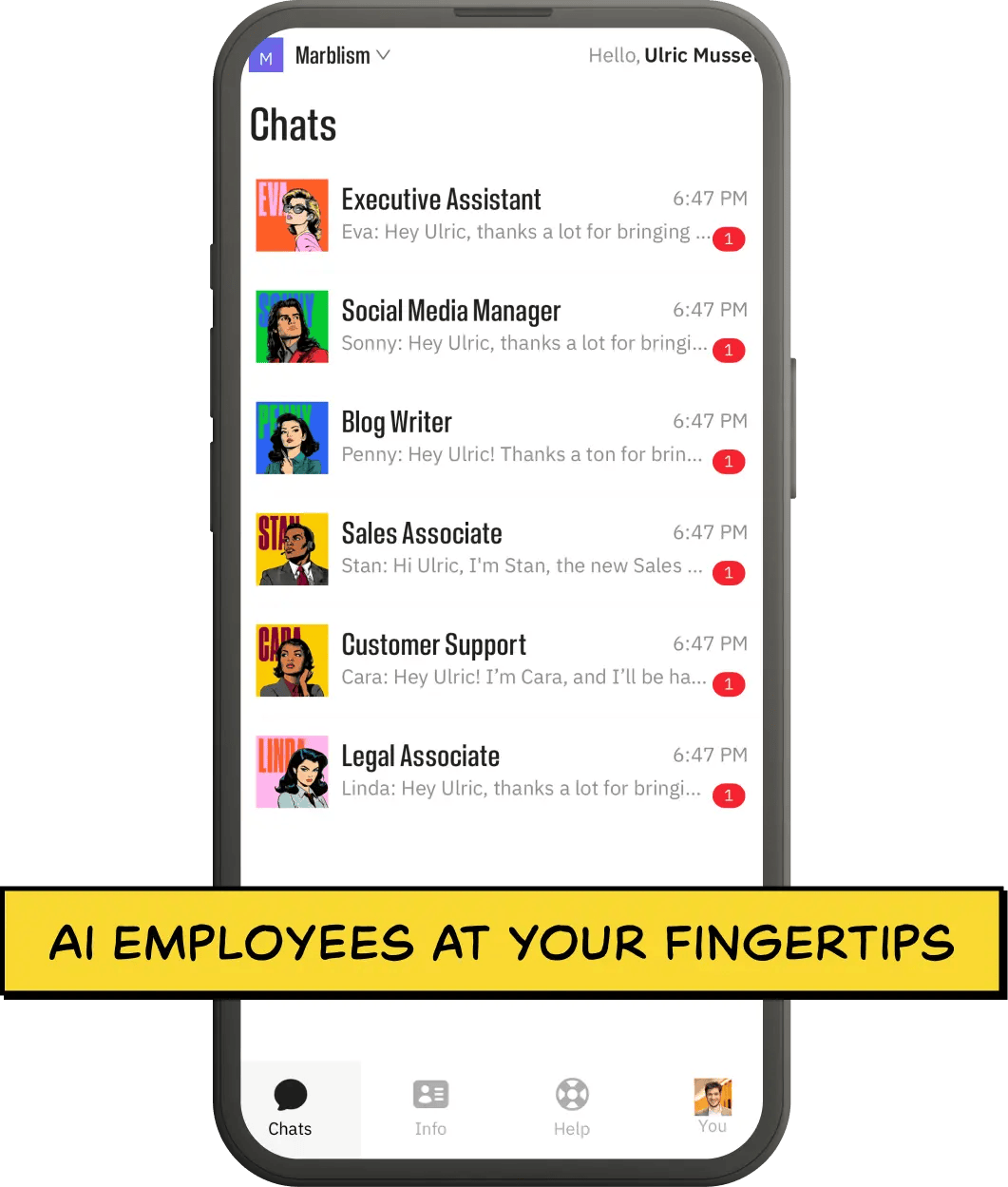 A unified dashboard showing conversations with various AI employees