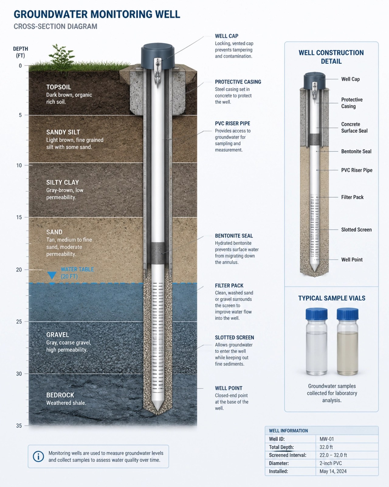 Technical soil strata and monitoring well diagram
