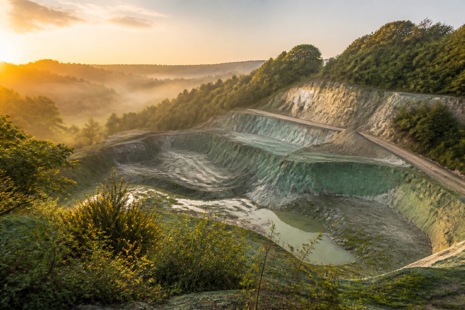 Natural mineral quarry in France showing pure layers of raw healing green clay and earth.
