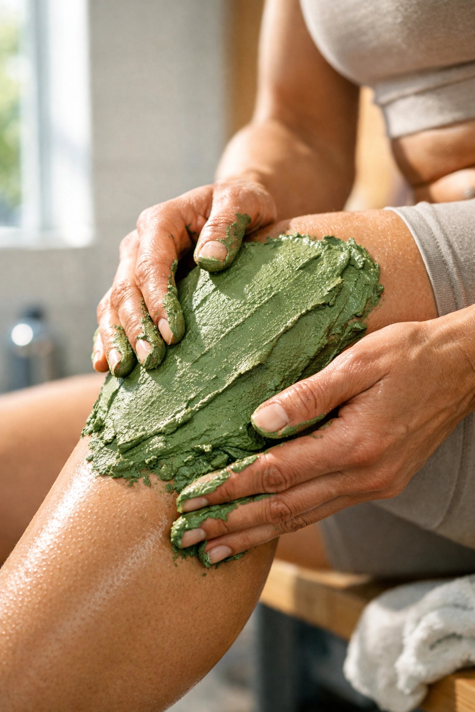Athlete applying green clay topical to a sore calf muscle for fast-acting recovery.