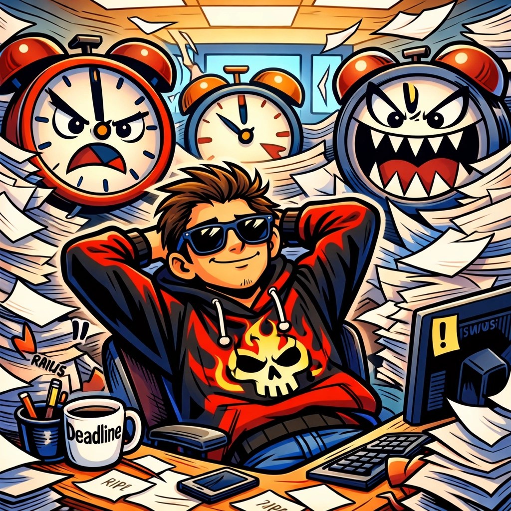 Man in a sarcastic graphic hoodie staying cool in a chaotic office, reflecting Wise Ass attitude.