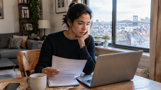 Brooklyn renter reviews housing costs at home with rooftops outside the window