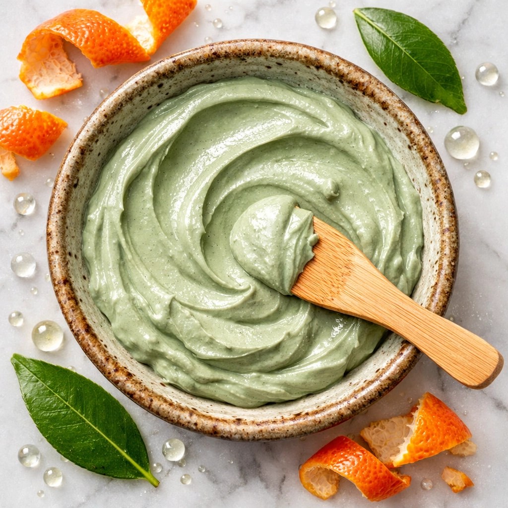 DIY French green clay mask paste in a bowl with fresh citrus peels and essential oil droplets.