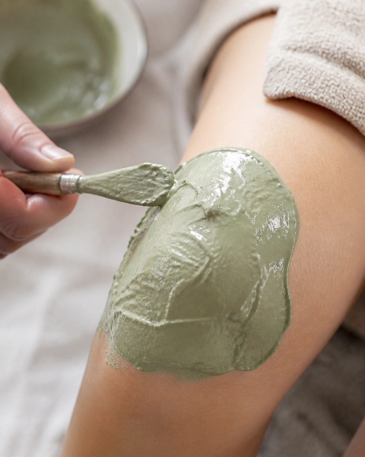 Close-up of a thick green clay poultice on a knee