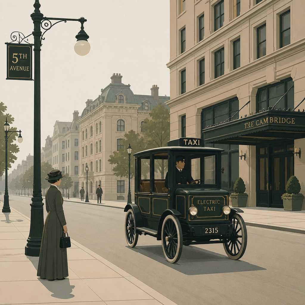 A clean 1900s city street with an electric taxi