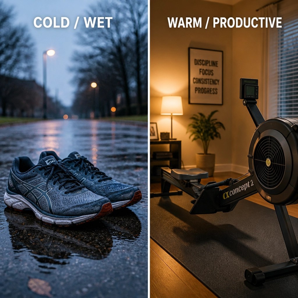 A runner's wet shoes vs. an indoor rowing machine
