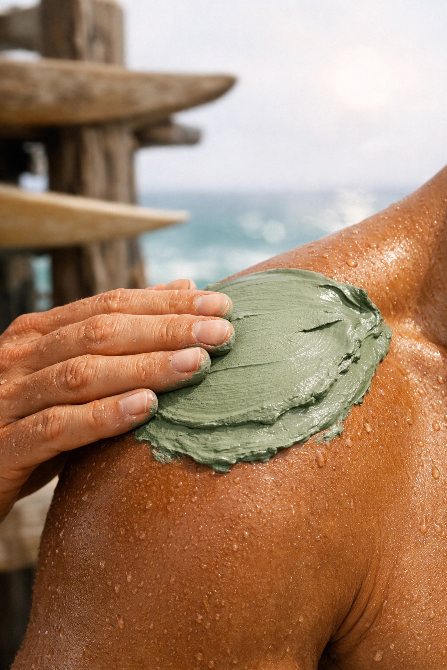 Surfer applying French green clay to a sore shoulder for natural muscle recovery after an ocean session.