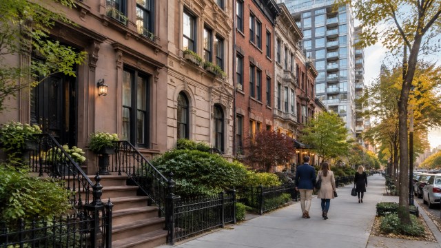 Manhattan residential street in autumn with historic apartment facades and a newer tower in the background