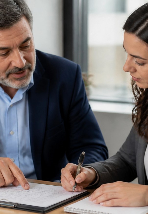Insurance sales coach reviewing appointment notes with an agent 