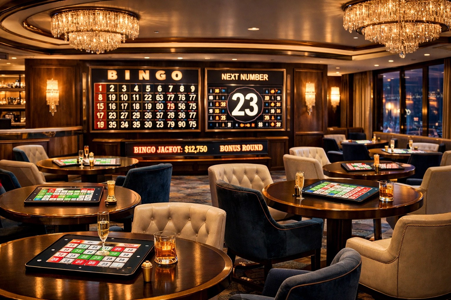 Elegant bingo hall with a fun high-stakes game setting, stylish seating, and a sophisticated luxury lounge atmosphere.
