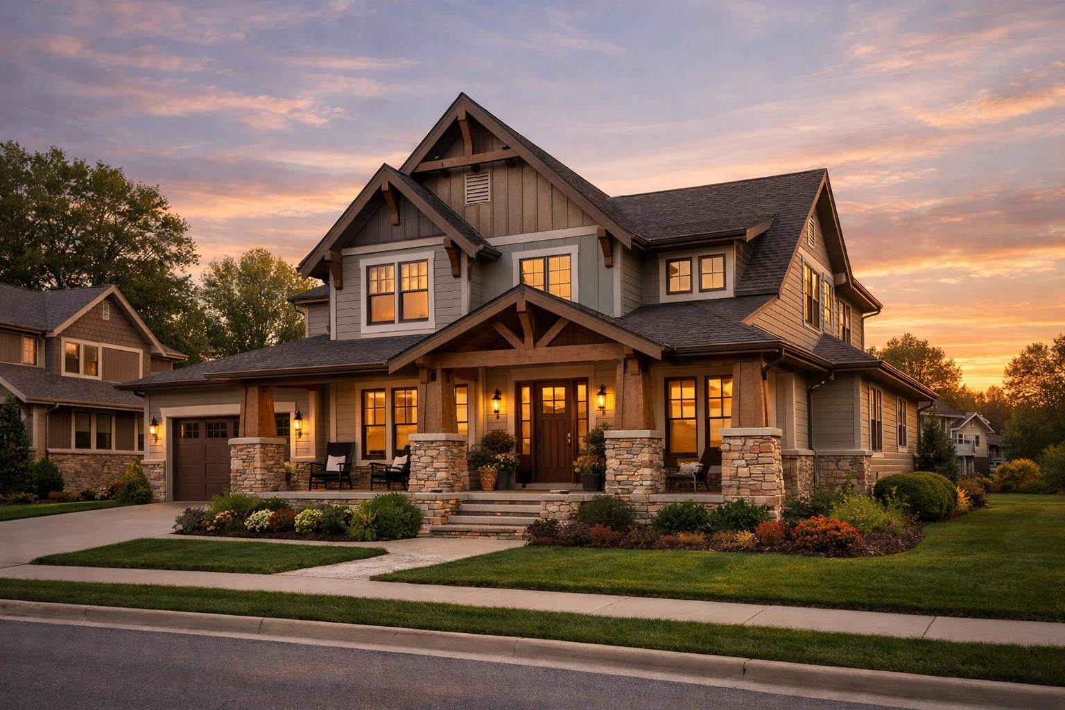 Craftsman home in Montgomery County Ohio at sunset, representing prime real estate for families in the Xenia area.