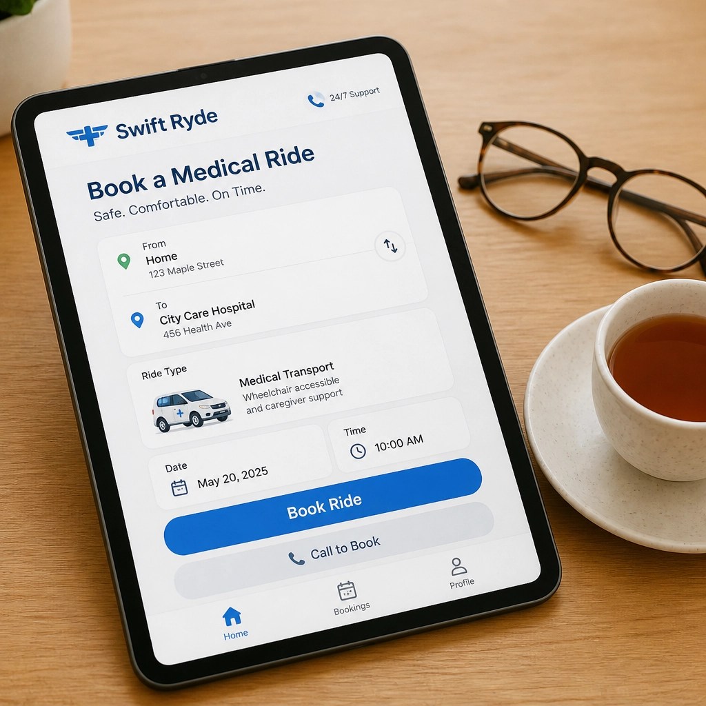 A tablet showing the Swift Ryde booking interface on a clean table