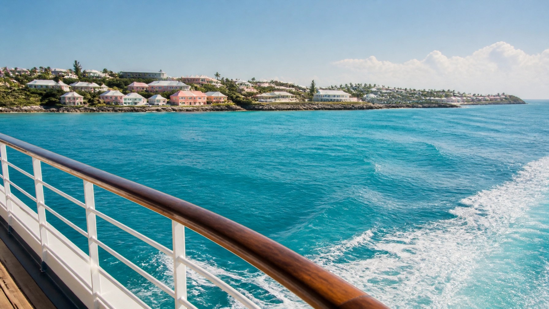 Cruise ship approaching Bermuda through sparkling turquoise water and pastel coastline