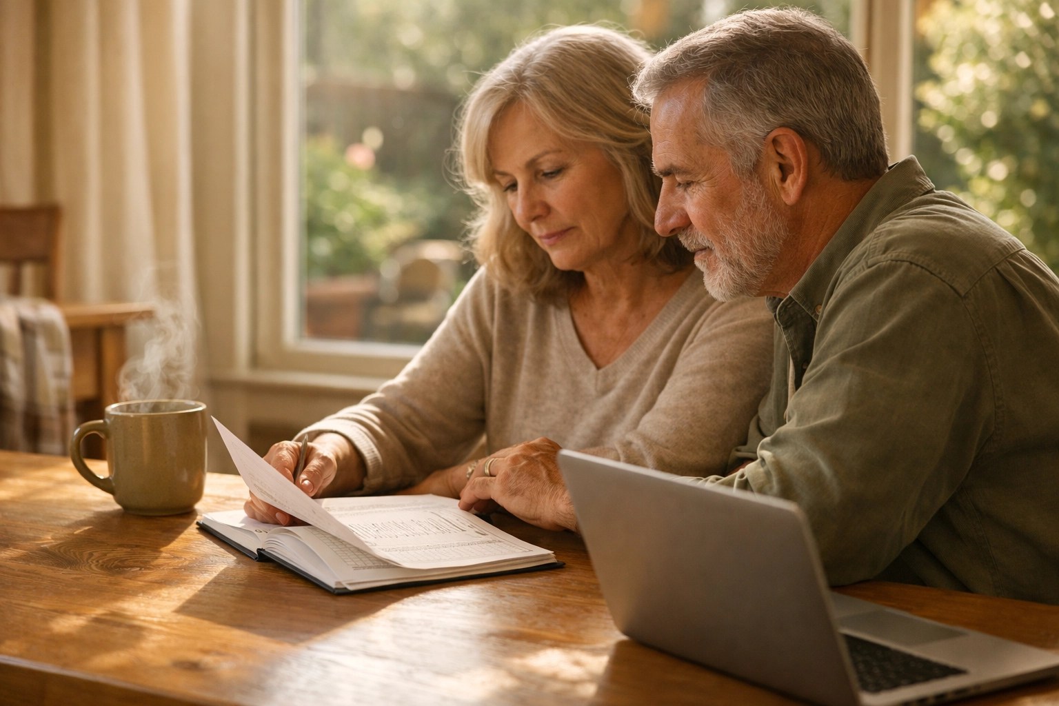 A couple in their 60s planning retirement income and future taxes at a sun-drenched table.