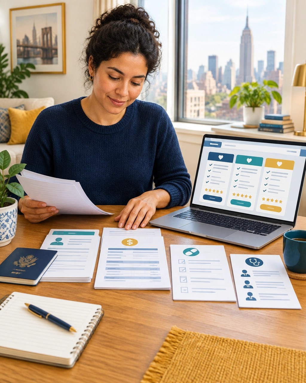 New York resident organizing income documents, prescriptions, and provider information for enrollment