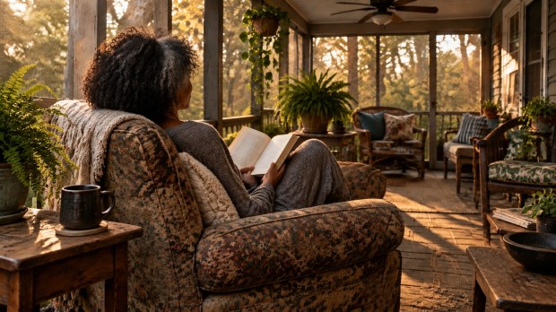 A Black woman reading an open book on an enclosed back porch beside a dark coffee mug, surrounded by warm wood, muted green plants, and quiet afternoon light