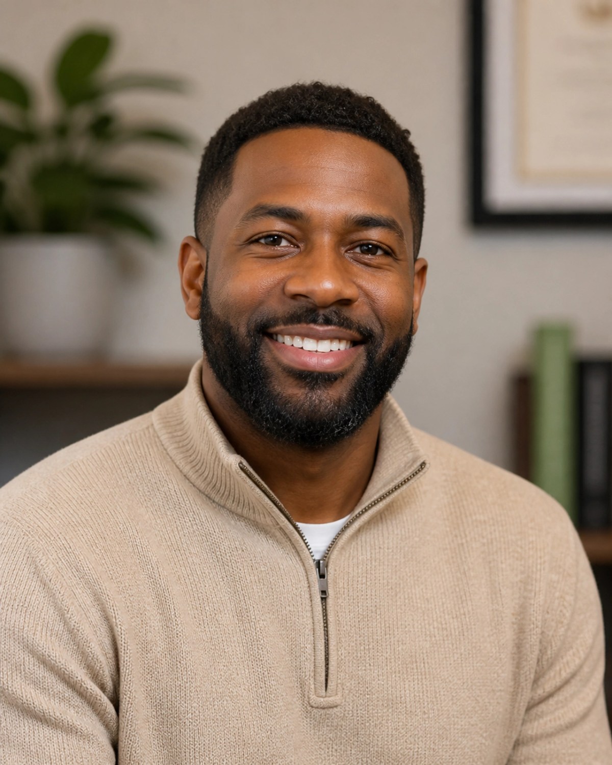 A professional Black male therapist smiling warmly, representing the supportive expertise available at Legacy Family Services.