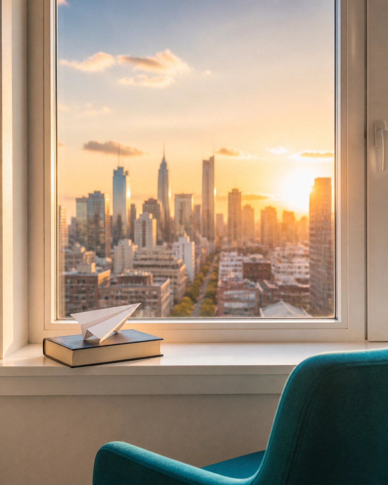 A book on a window sill with a paper plane, representing education as a launchpad for success.