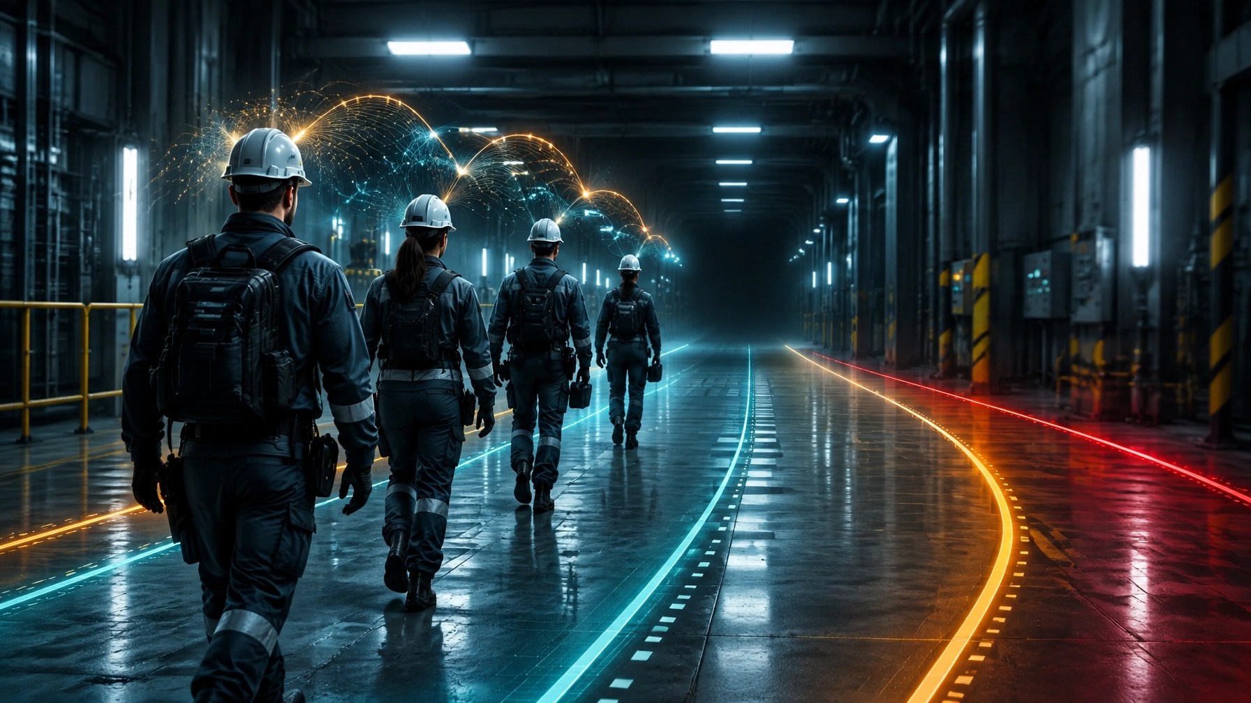 A work crew entering a dark industrial corridor before the next task, with safe boundary lines slowly migrating toward a red limit