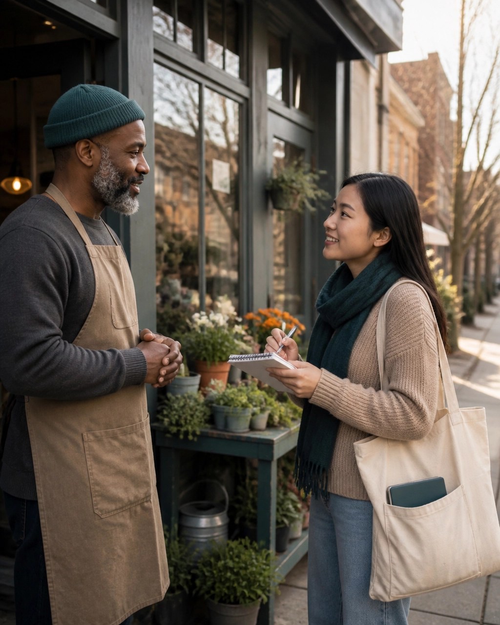 A diverse student interviewing a small business owner outside a neighborhood community shop as part of a self directed career project
