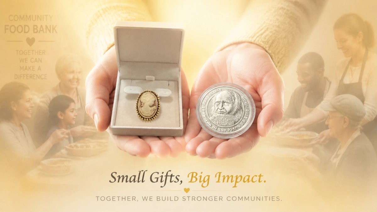 A conceptual image representing charity and community impact with hands holding jewelry and a coin.