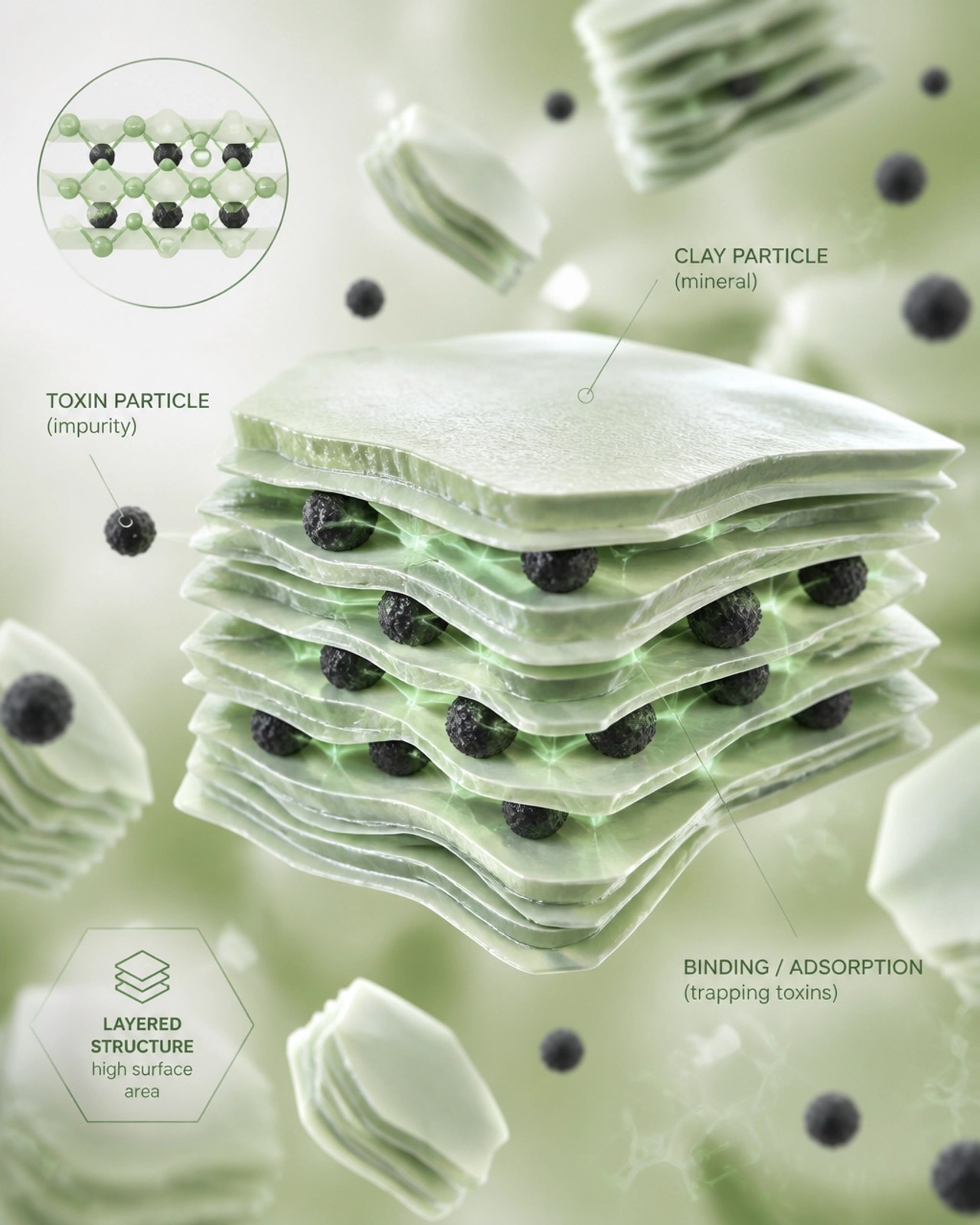 Abstract 3D illustration of clay particles binding and trapping toxins