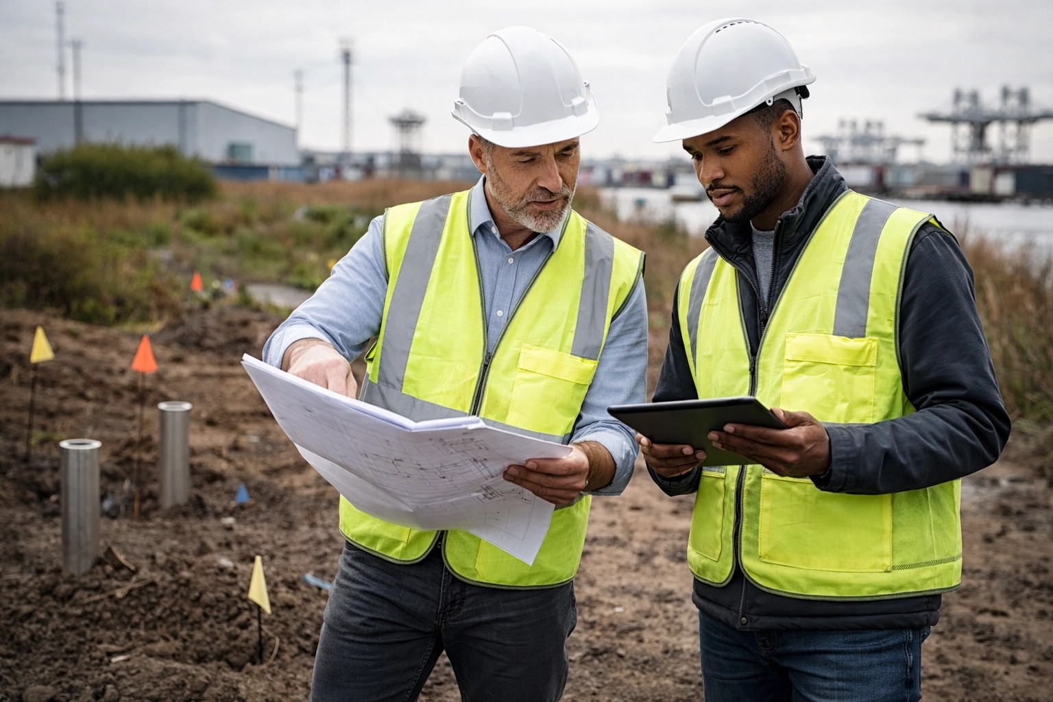 LSRP and project manager reviewing a remediation plan on-site in New Jersey