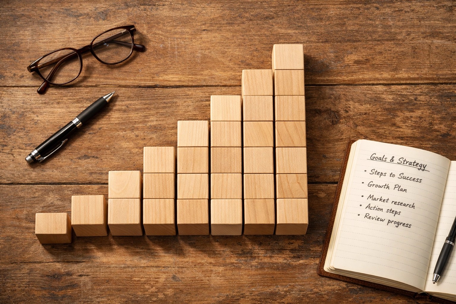 Wooden blocks arranged as stairsteps illustrating MYGA ladder retirement income strategy
