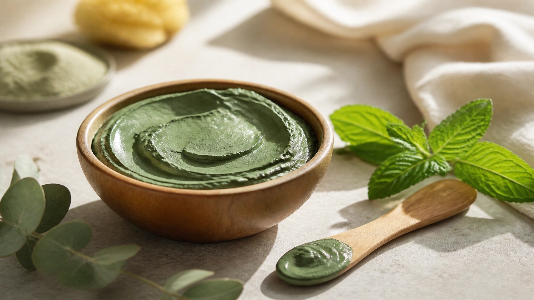 Close-up of green clay being mixed with a wooden spoon in a glass bowl, showcasing the correct tools for detox