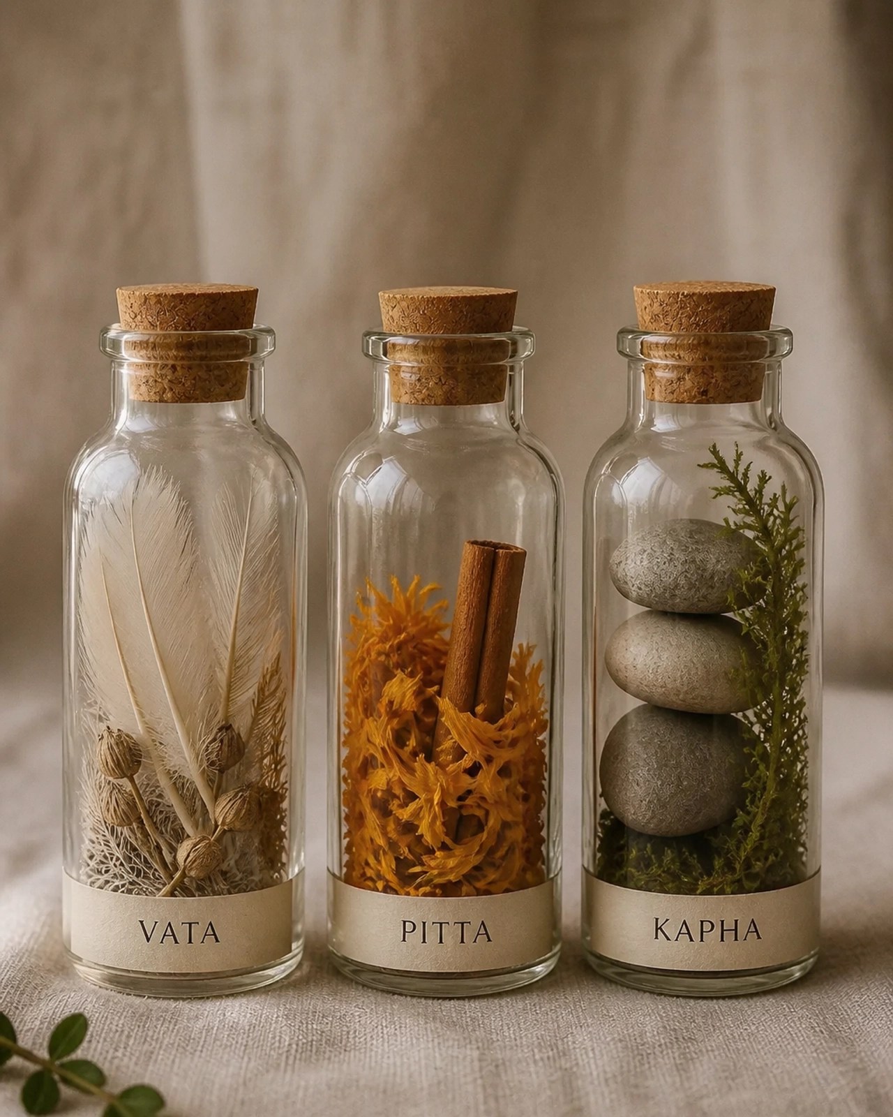 Conceptual representation of the three Ayurvedic doshas using feathers for Vata, marigolds for Pitta, and river stones for Kapha.