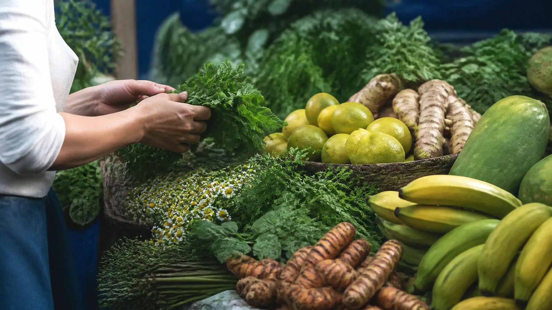 Mercado colombiano con hierbas aromáticas, frutas, especias y selección responsable de plantas