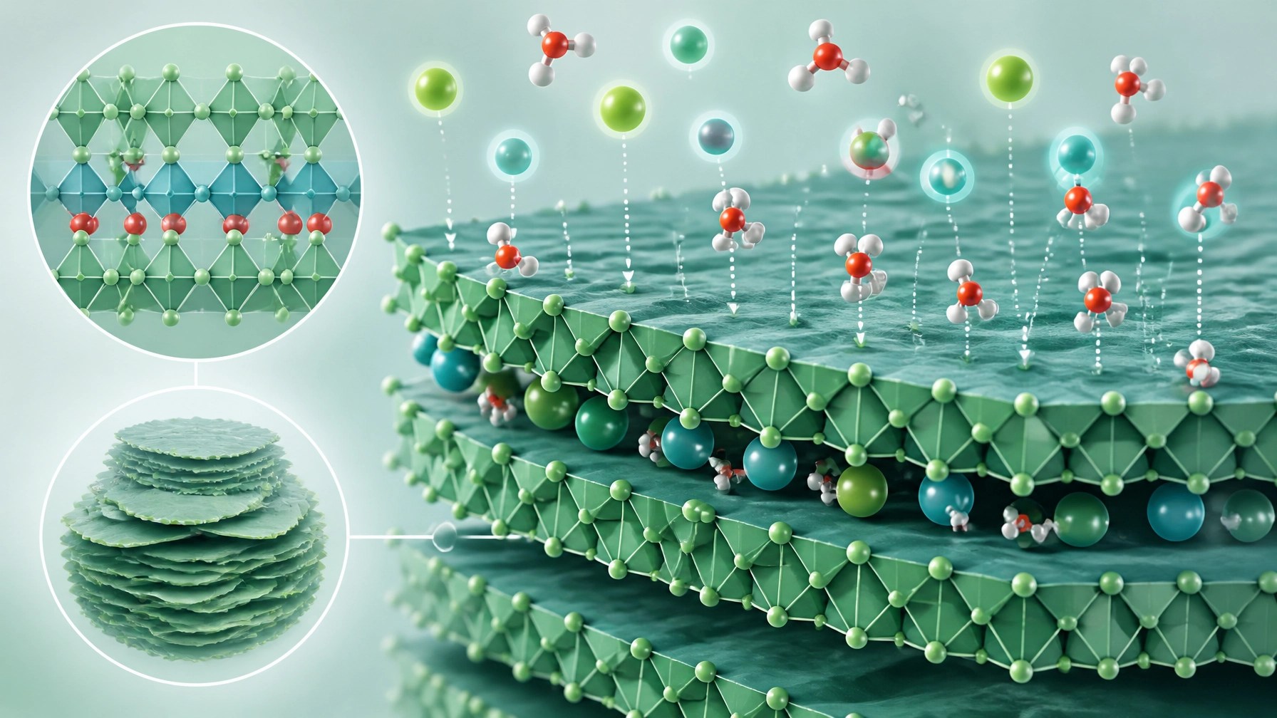 Microscopic scientific illustration of clay mineral adsorption
