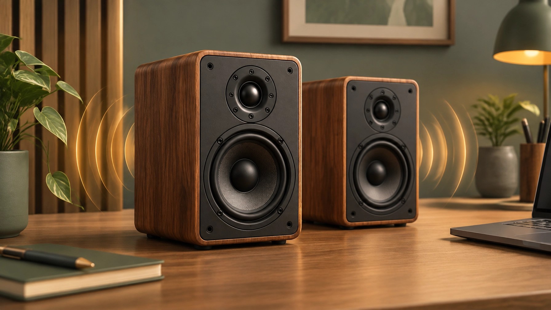 A pair of walnut-finish bookshelf speakers on a desk, with a gentle audio-wave accent