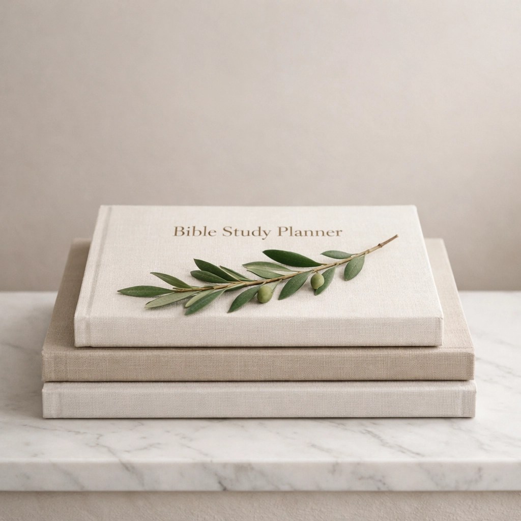 Minimalist stack of bible study books and a planner with an olive branch symbolizing spiritual growth.