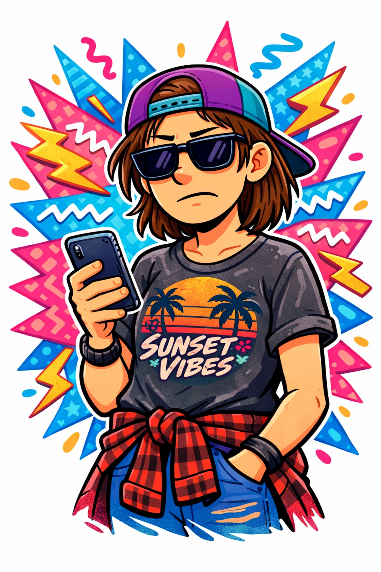 Sarcastic character wearing a faded vintage graphic tee with 90s retro aesthetic patterns.