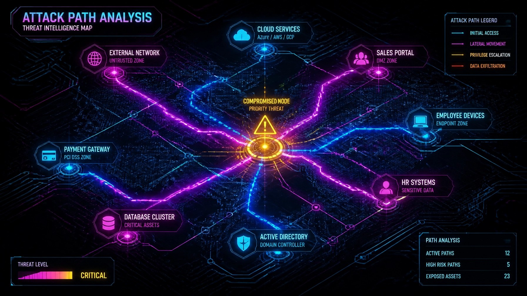 A neonpunk digital map showing glowing paths and nodes in a futuristic network, representing attack path analysis.