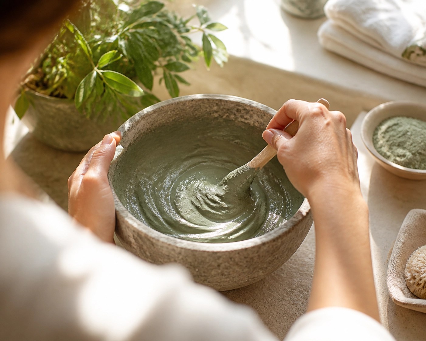Mixing pure French green clay with water in a stone bowl for a natural healing and detox mask.