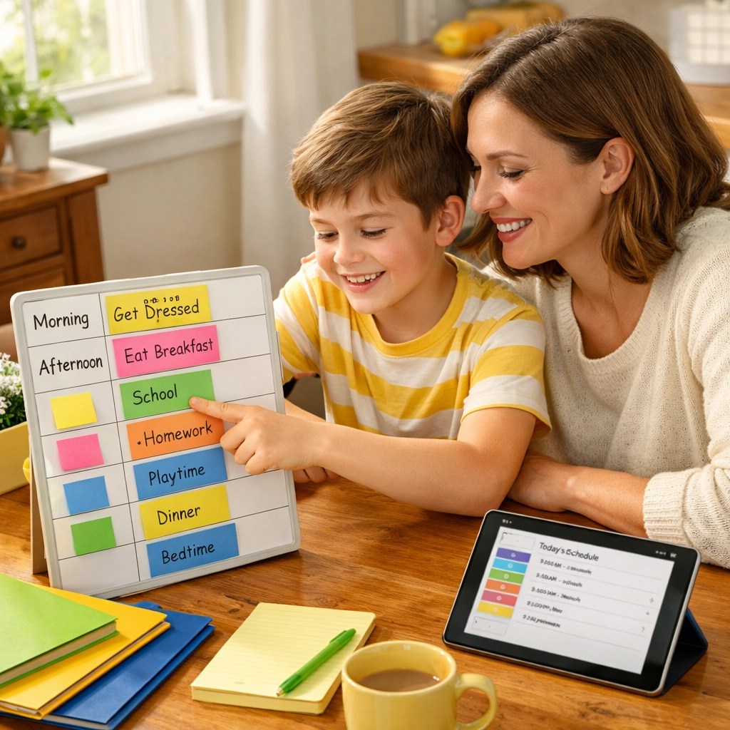 ADHD, Anxiety, or Something Else? The Parent's Guide to Understanding Your Child's Evaluation Results | 3 | Milestones Child Psychology Parent and child working together with ADHD organizational tools and visual schedules