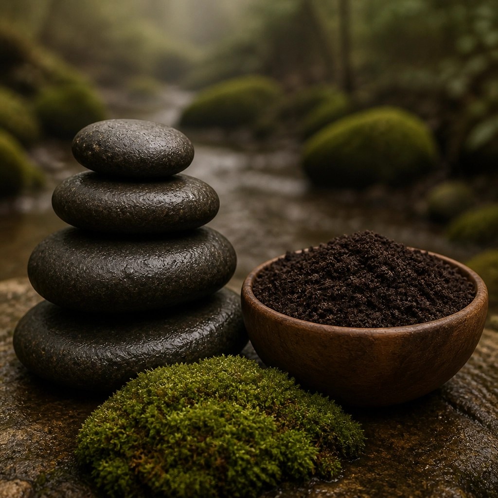 Grounded river stones and rich soil illustrating the stable and nourishing earth elements of the Kapha dosha.