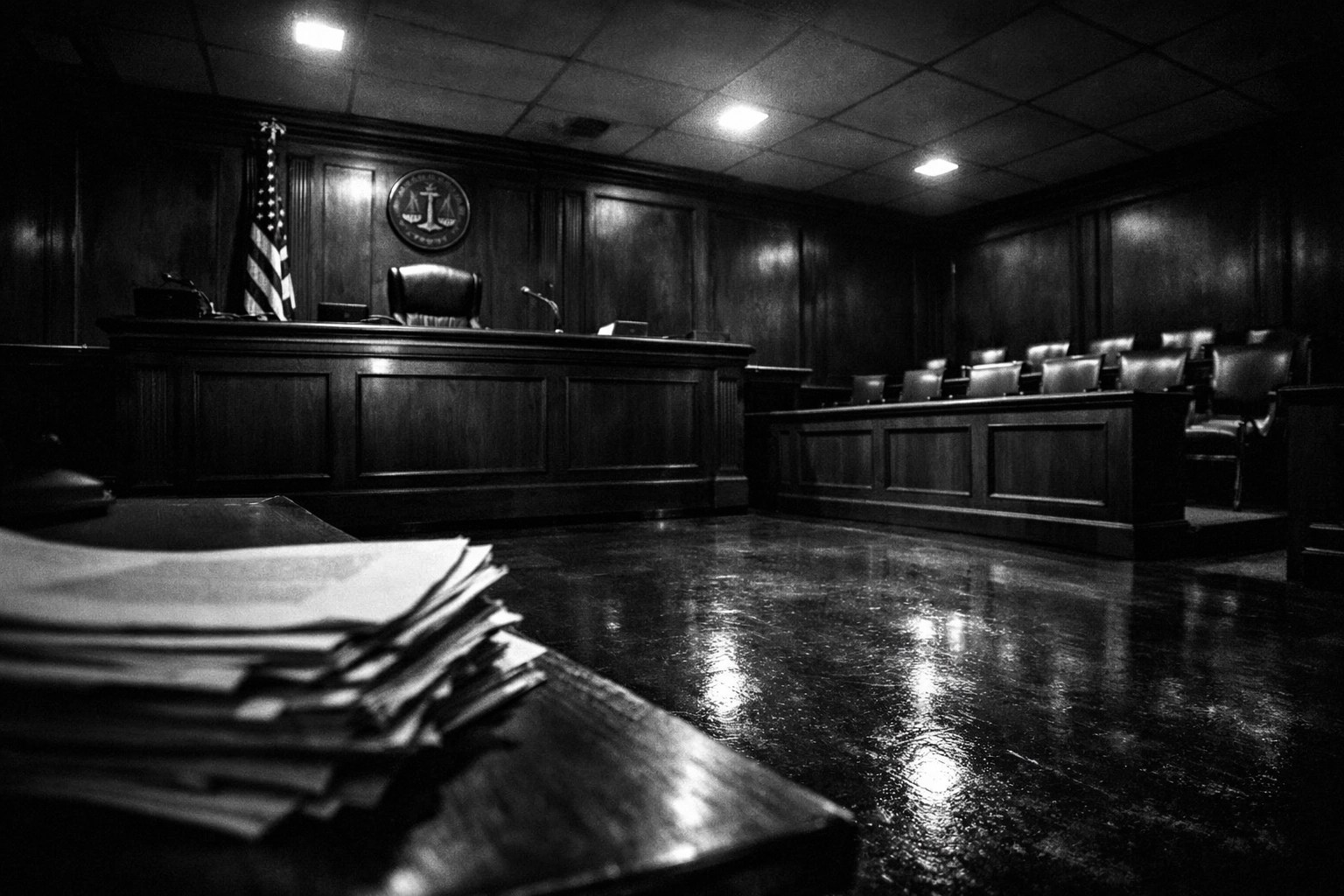 Empty courtroom with legal documents showing the Epstein investigation evidence review process