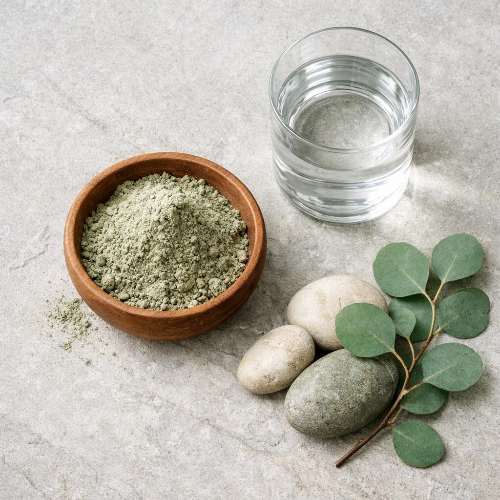 Earthy flat-lay of fine green clay powder in a wooden bowl for natural detox and skin spot treatments.