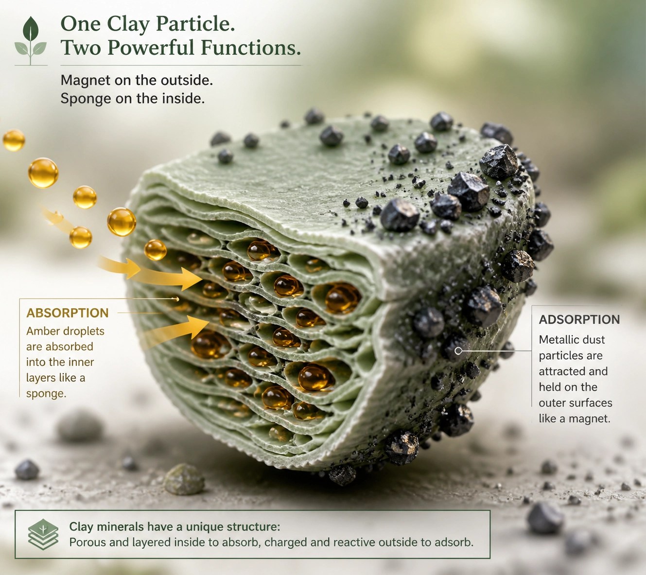 Illustration of green clay particles adsorbing viral toxins and absorbing heavy metals for detox.
